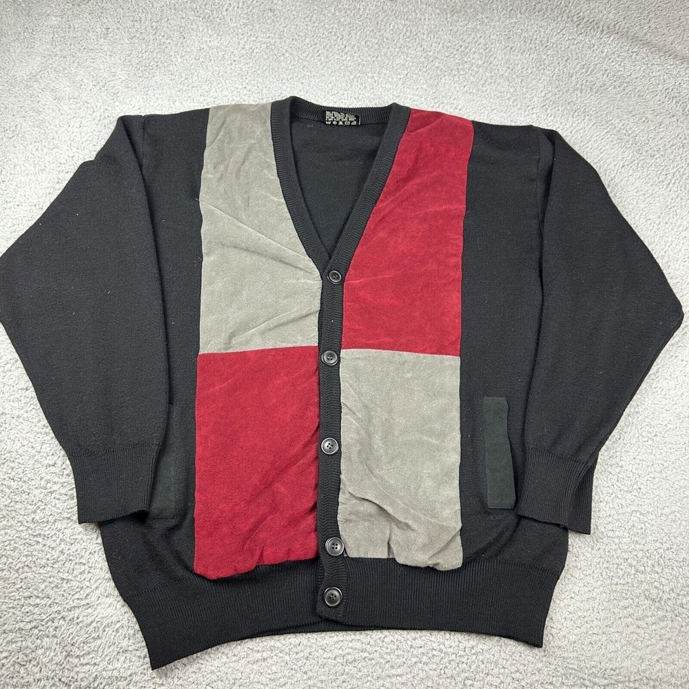 Vtg Tuscan Cardigan Grandpa Sweater Black Geometric Wool Blend Made in Italy XL